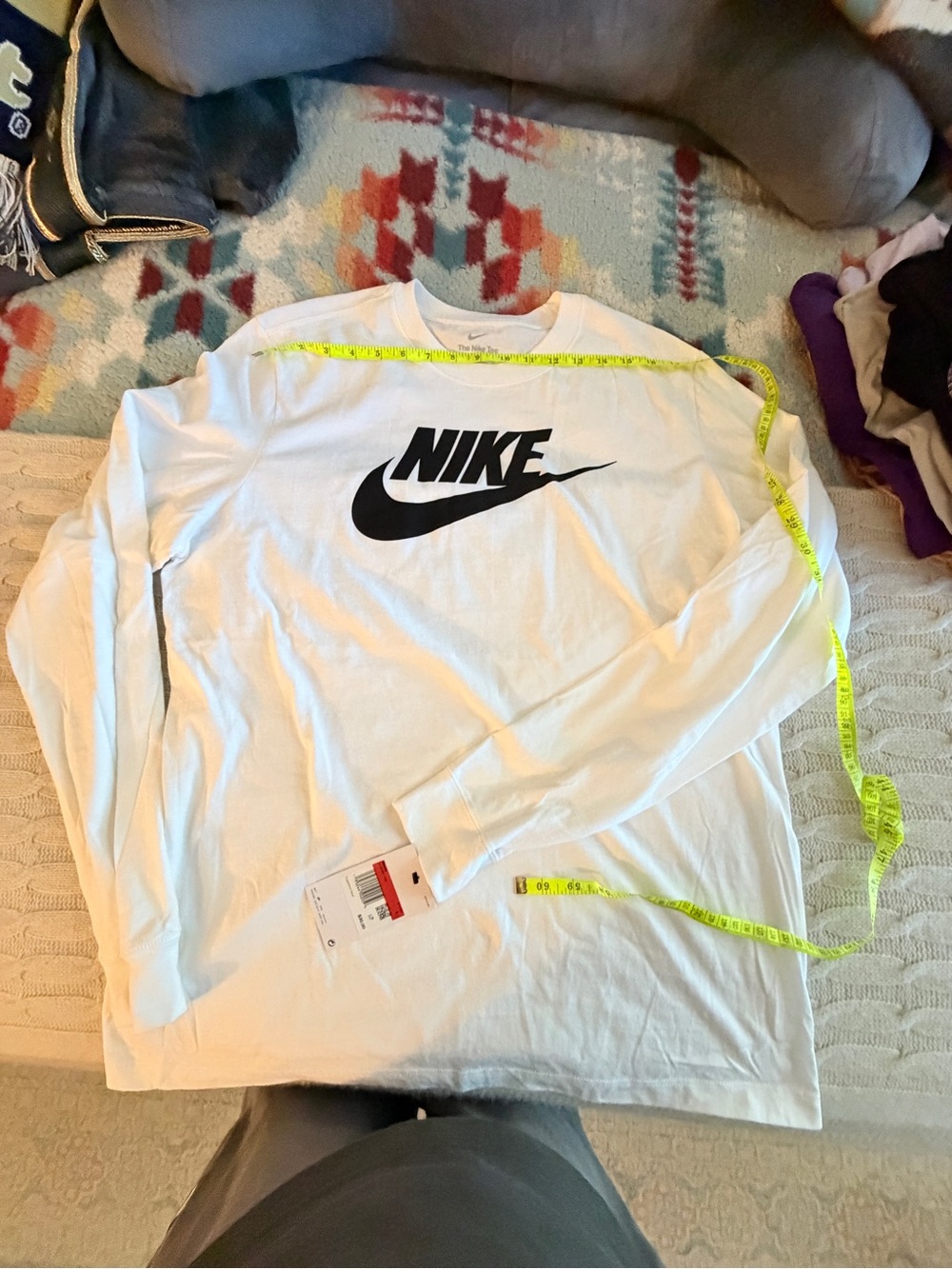 Nike White Long-Sleeve Tee with Black Swoosh